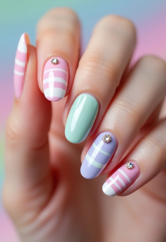40 Rhinestone Nail Ideas for Dazzling Detail-Oriented Drama - 35. Sweet Candy Stripes with Rhinestone Accents