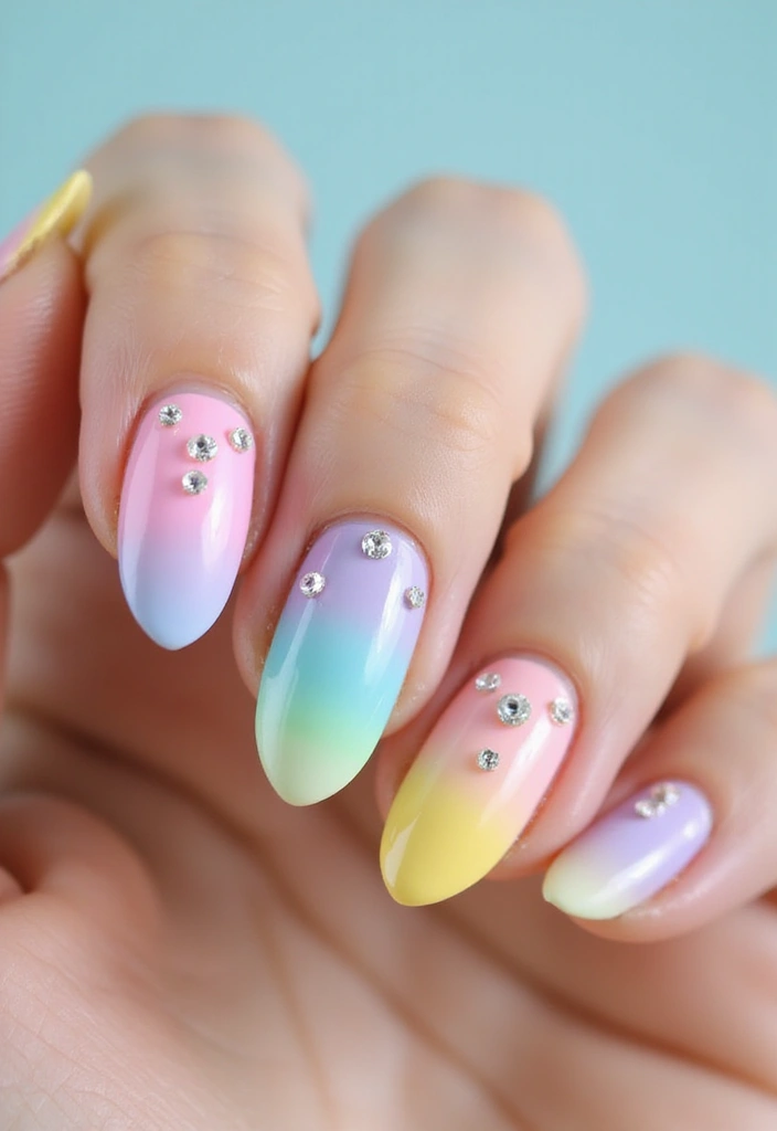 40 Rhinestone Nail Ideas for Dazzling Detail-Oriented Drama - 37. Pastel Rainbow Nails with Rhinestone Embellishments