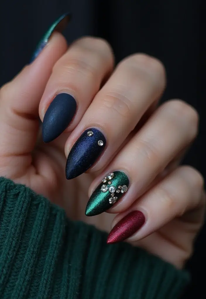 40 Rhinestone Nail Ideas for Dazzling Detail-Oriented Drama - 38. Dark Velvet Nails with Rhinestone Details