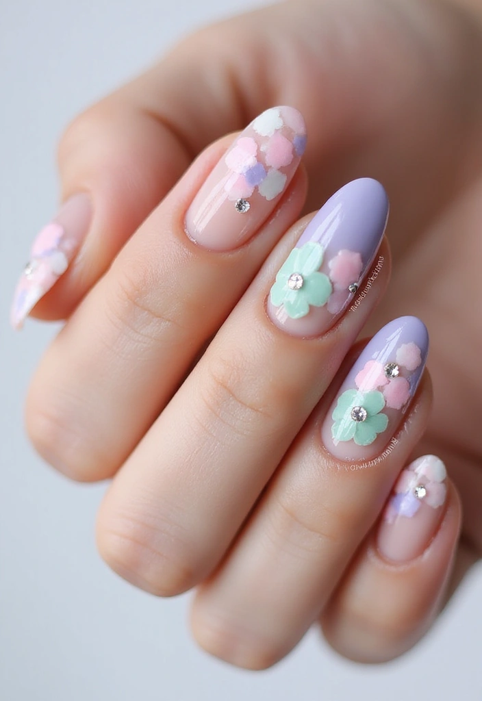 40 Rhinestone Nail Ideas for Dazzling Detail-Oriented Drama - 6. Floral Nail Art with Rhinestone Centers