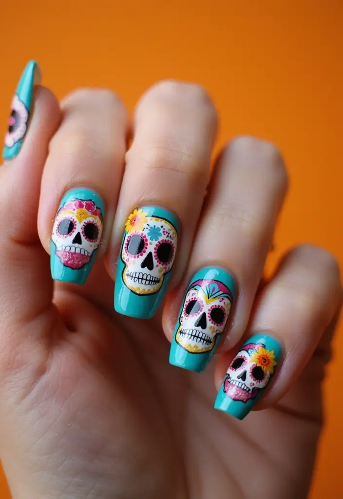 40 Spooky Halloween Nail Ideas for Thrilling Treat-Filled Thrills - 16. Day of the Dead Skulls