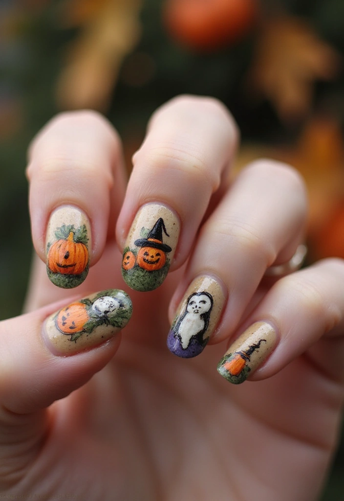 40 Spooky Halloween Nail Ideas for Thrilling Treat-Filled Thrills - 18. Old-Fashioned Halloween Cards