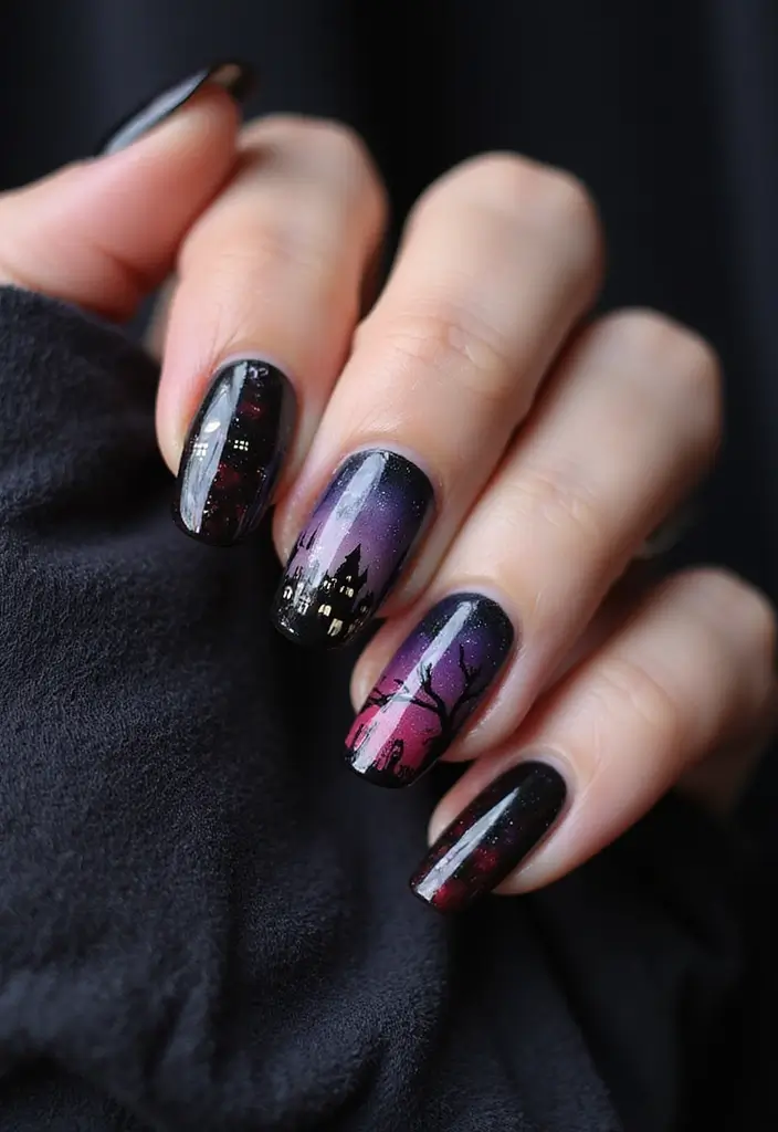40 Spooky Halloween Nail Ideas for Thrilling Treat-Filled Thrills - 20. Halloween Landscapes