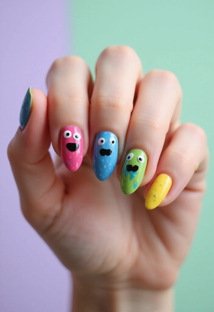 40 Spooky Halloween Nail Ideas for Thrilling Treat-Filled Thrills - 26. Cartoonish Candy Monsters