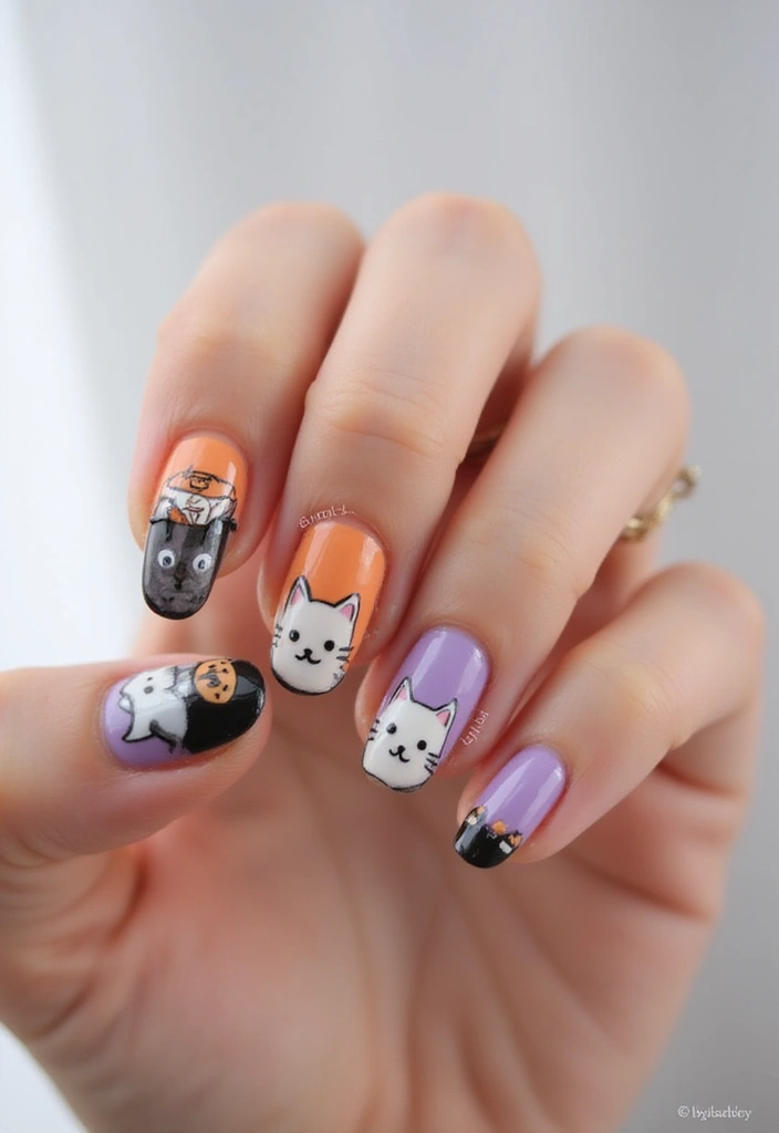 40 Spooky Halloween Nail Ideas for Thrilling Treat-Filled Thrills - 37. Creepy Cute Kittens