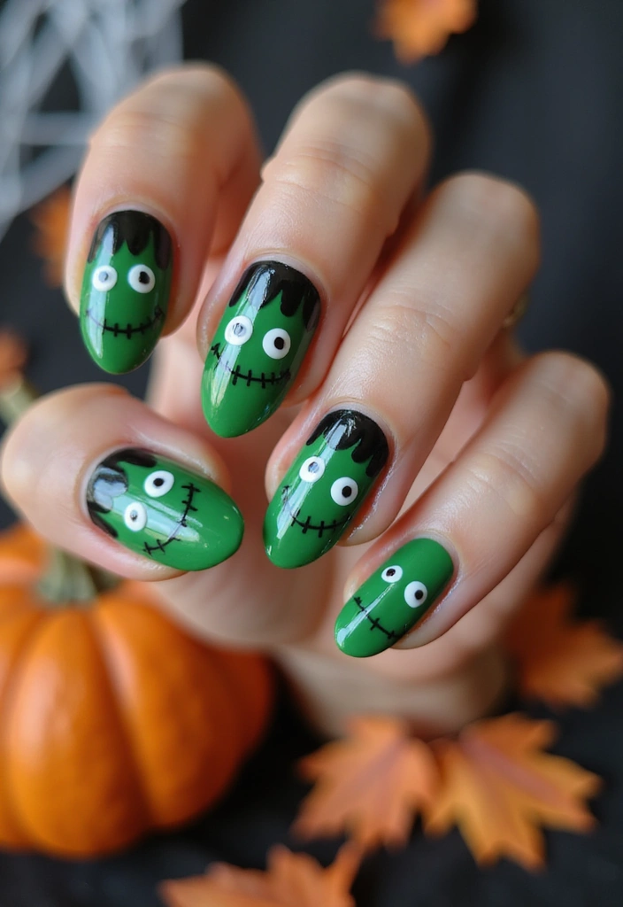 40 Spooky Halloween Nail Ideas for Thrilling Treat-Filled Thrills - 7. Friendly Frankenstein