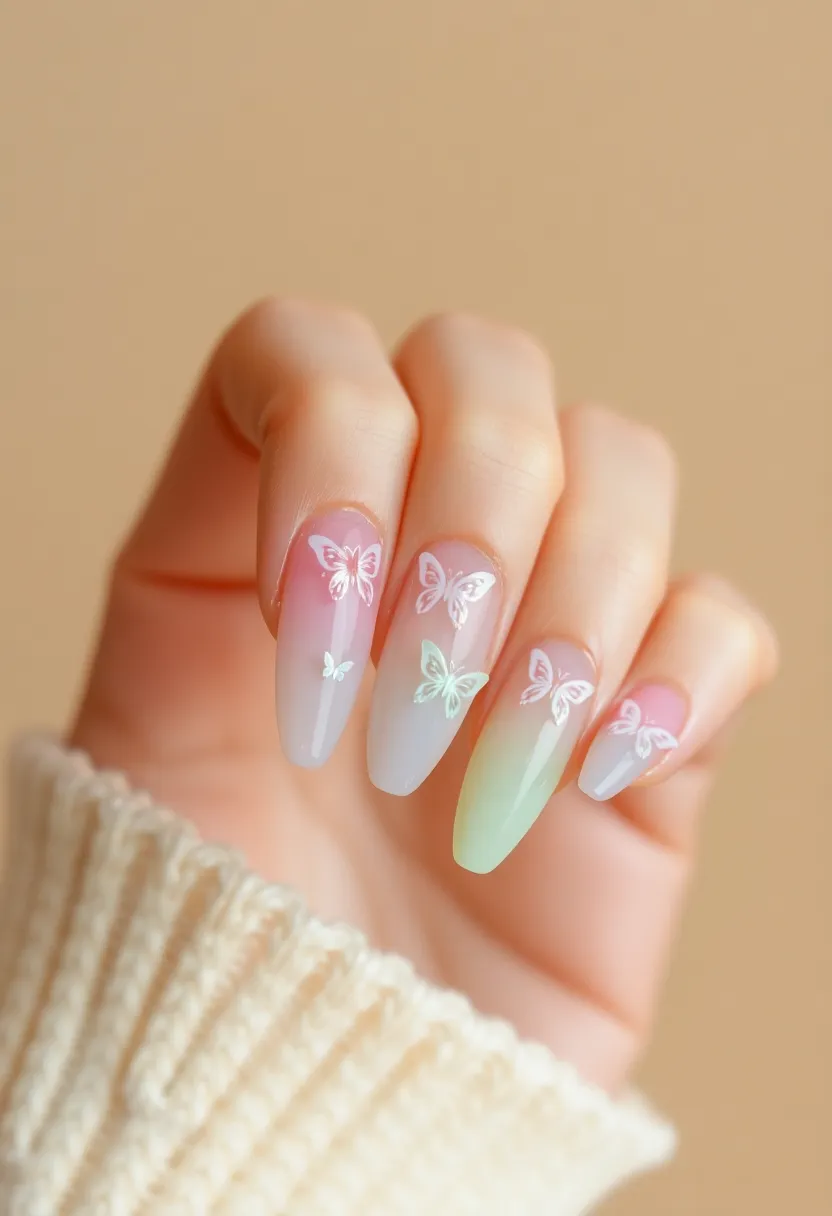 40 Spring Acrylic Nail Ideas for Seasonal Sensational Freshness - 40. Dainty Butterfly Swirls