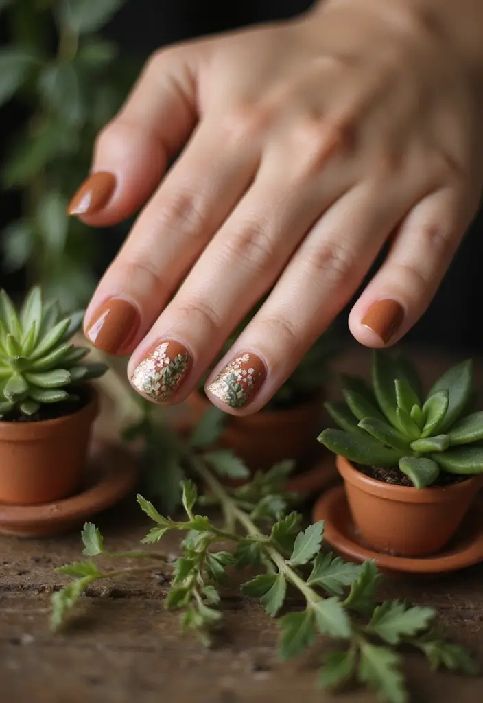 40 Stunning Nail Design Ideas to Ignite Your Inner Trendsetter - 1. Earthy Tones with Plant Motifs