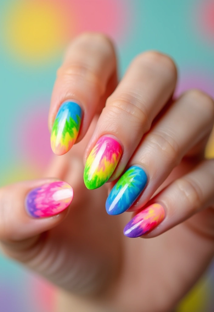 40 Stunning Nail Design Ideas to Ignite Your Inner Trendsetter - 11. Bright Neon with Tie-Dye Effects