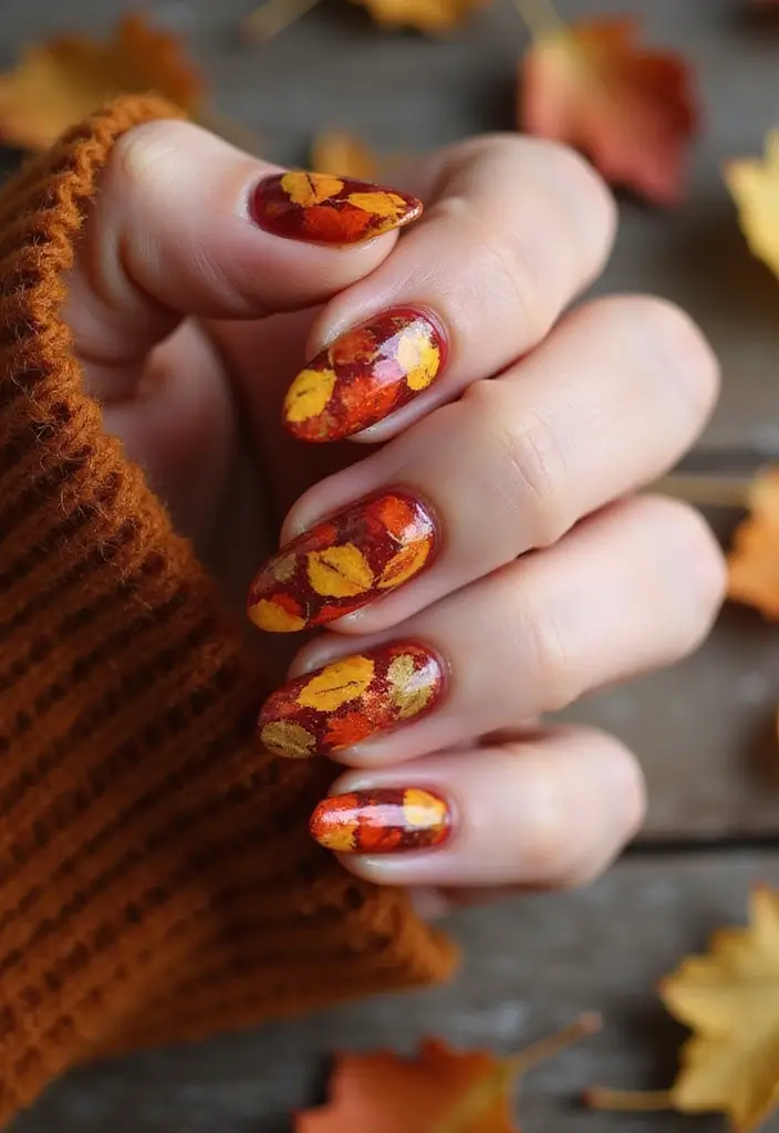 40 Stunning Nail Design Ideas to Ignite Your Inner Trendsetter - 26. Seasonal Leaves in Autumn Colors
