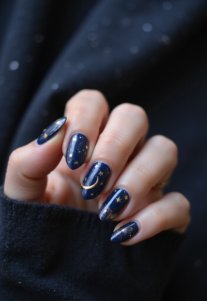 40 Stunning Nail Design Ideas to Ignite Your Inner Trendsetter - 38. Celestial Designs with Dark Bases