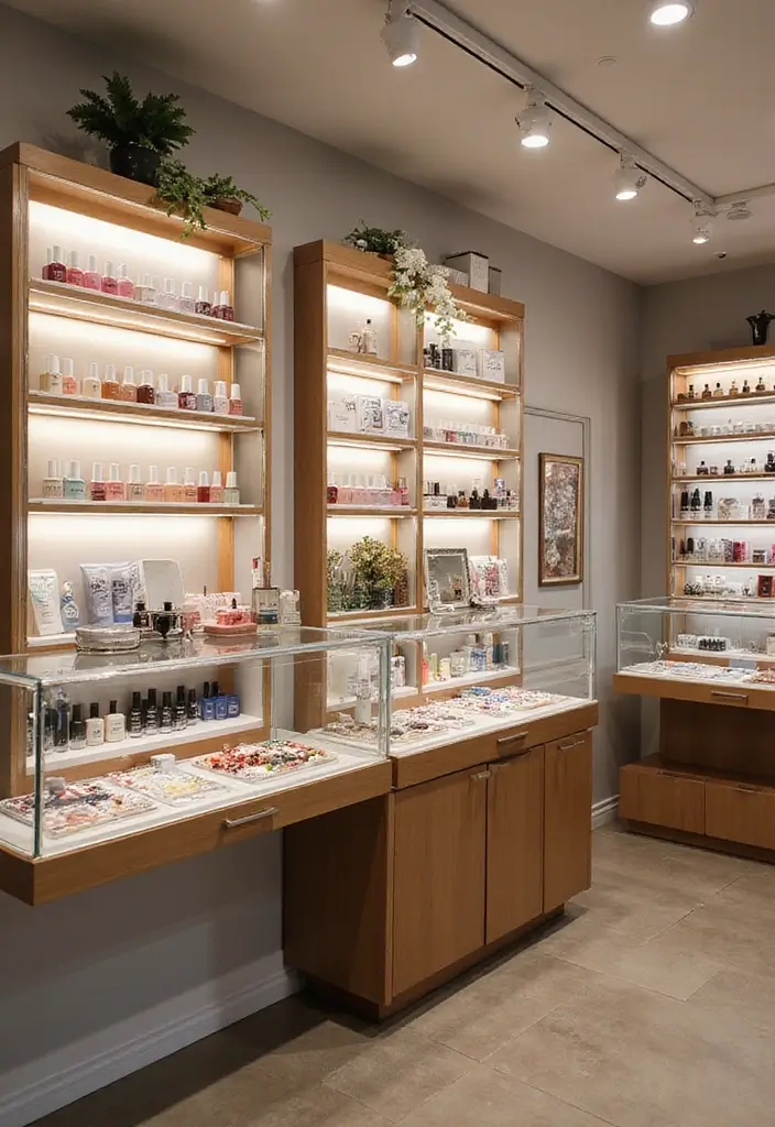 40 Stylish Nail Salon Decor Ideas for Inviting - 37. Chic Display Cases