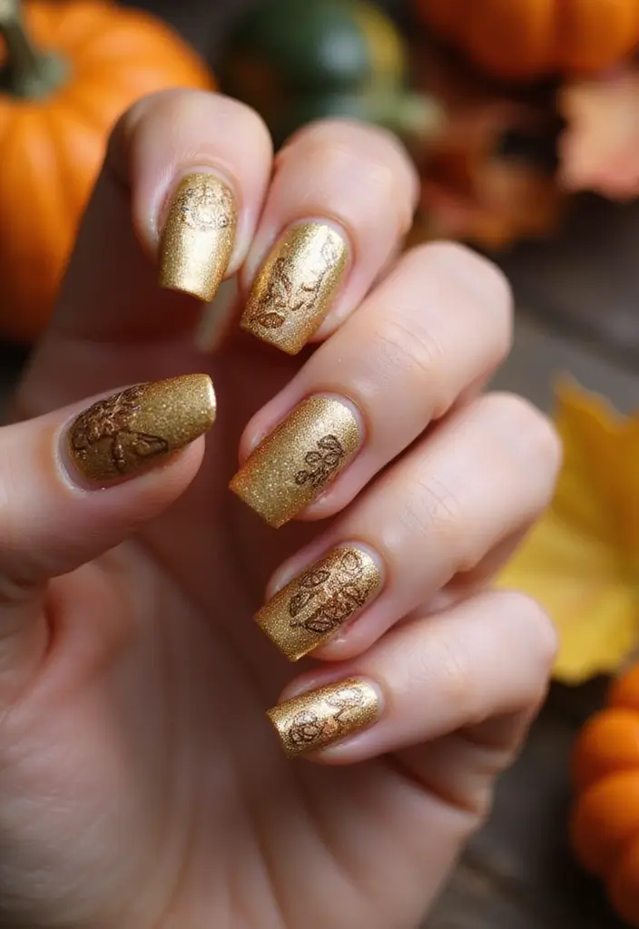 40 Thanksgiving Nail Ideas for Festive - 10. Golden Harvest