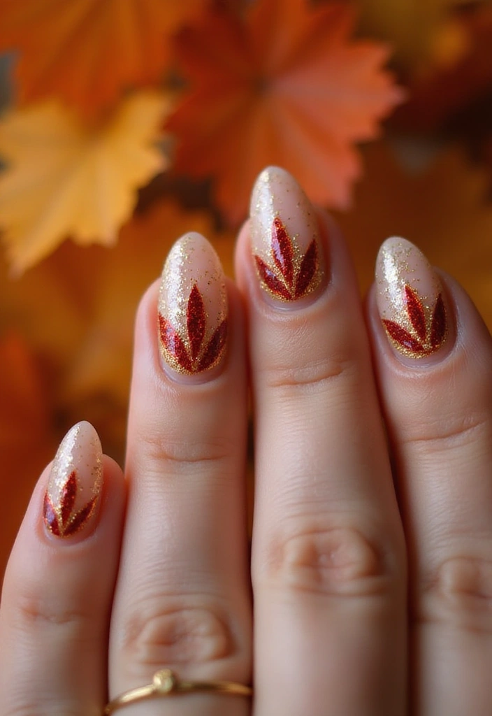 40 Thanksgiving Nail Ideas for Festive - 25. Glittery Leaves