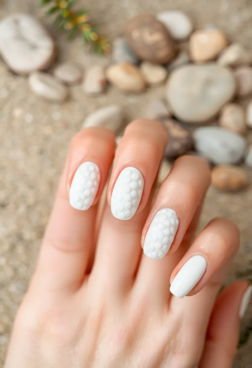 45 Crisp White Nail Ideas for Pure Ethereal Elegance - 45. White Pebble Effect