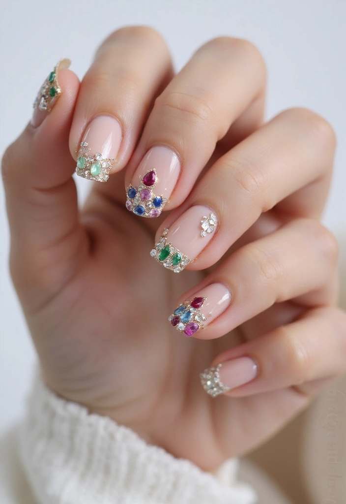 45 French Tip Nail Ideas for Classic Twists with Modern Magic - 44. Jewel Accents
