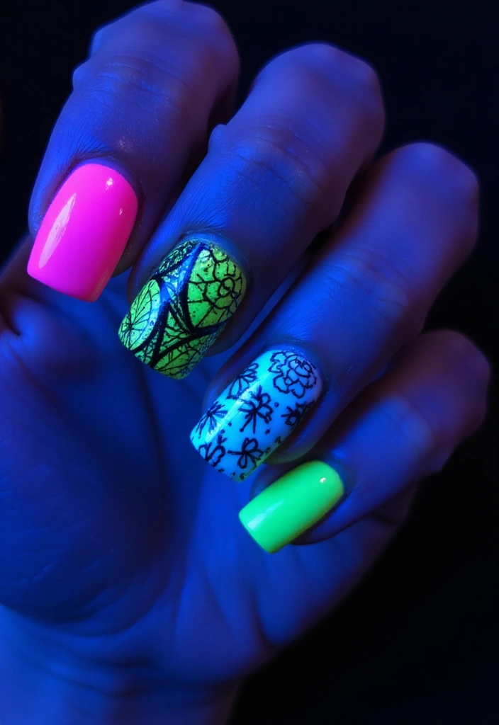 45 Futuristic Nail Art Design Ideas for 2025's Boundary-Breaking Beauty - 25. UV Reactive Nail Art