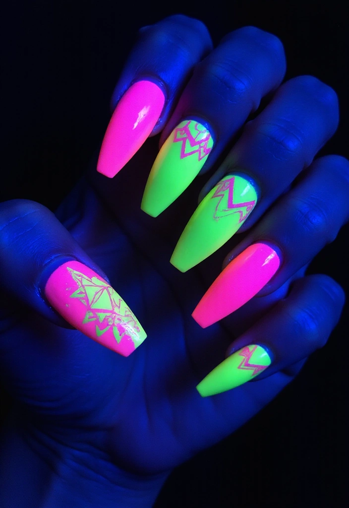 45 Futuristic Nail Art Design Ideas for 2025's Boundary-Breaking Beauty - 5. Neon Glow-in-the-Dark Designs