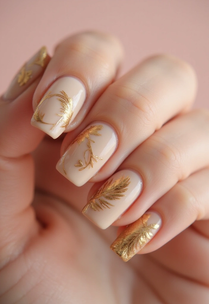 45 Golden Nails with Gold Accents for Regal - 26. Luxurious Gold Feather Designs