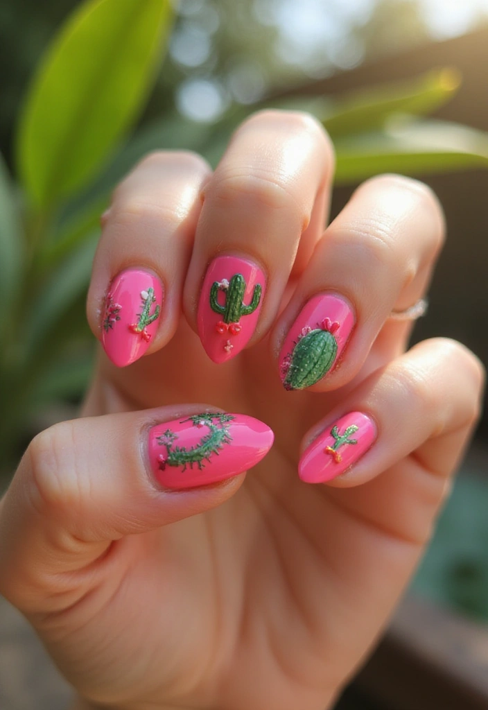 45 Pink Acrylic Nail Ideas for Sweet - 16. Pink Cactus Nails