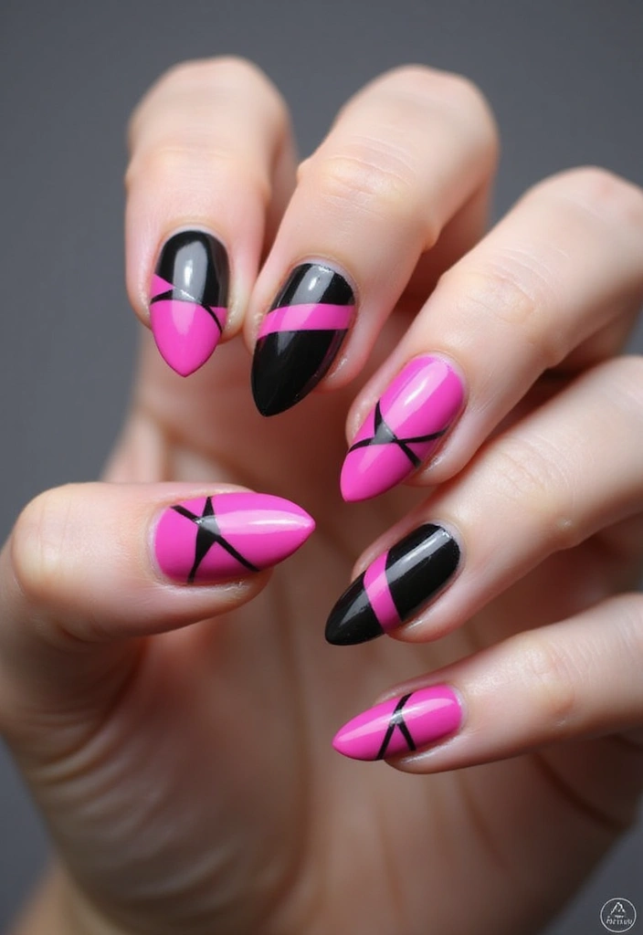 45 Pink Acrylic Nail Ideas for Sweet - 26. Pink and Black Contrast