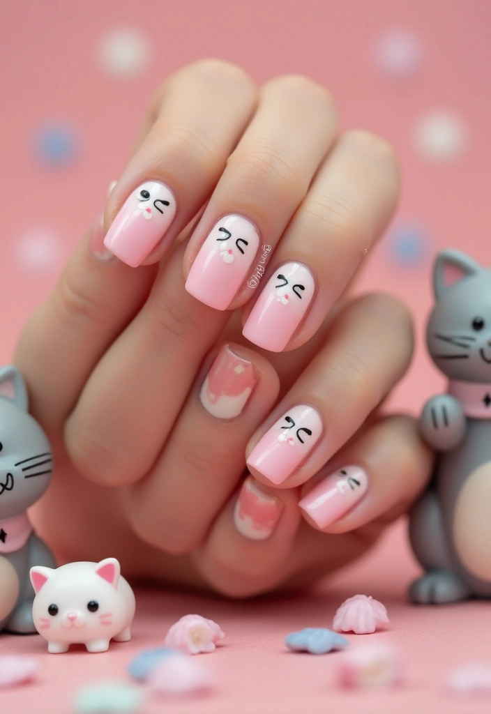 45 Playful Pink Nail Ideas for Feminine Fun-Fueled Energy - 11. Cute Kitty Cat Faces