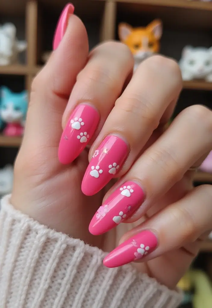 45 Playful Pink Nail Ideas for Feminine Fun-Fueled Energy - 23. Playful Paw Prints