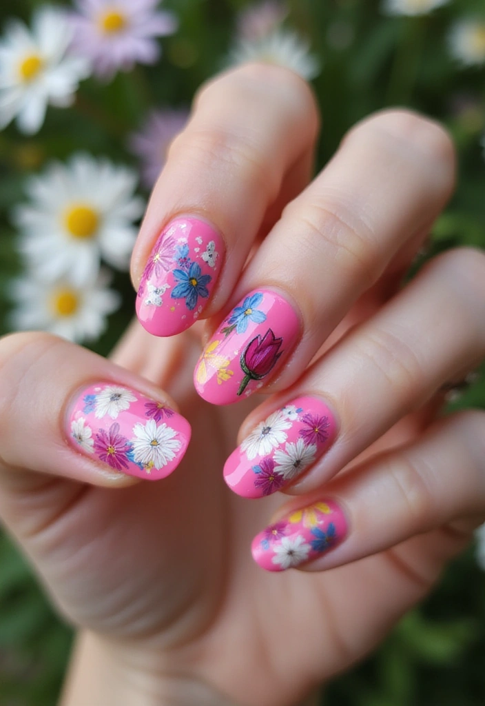45 Playful Pink Nail Ideas for Feminine Fun-Fueled Energy - 35. Fun Floral Patterns