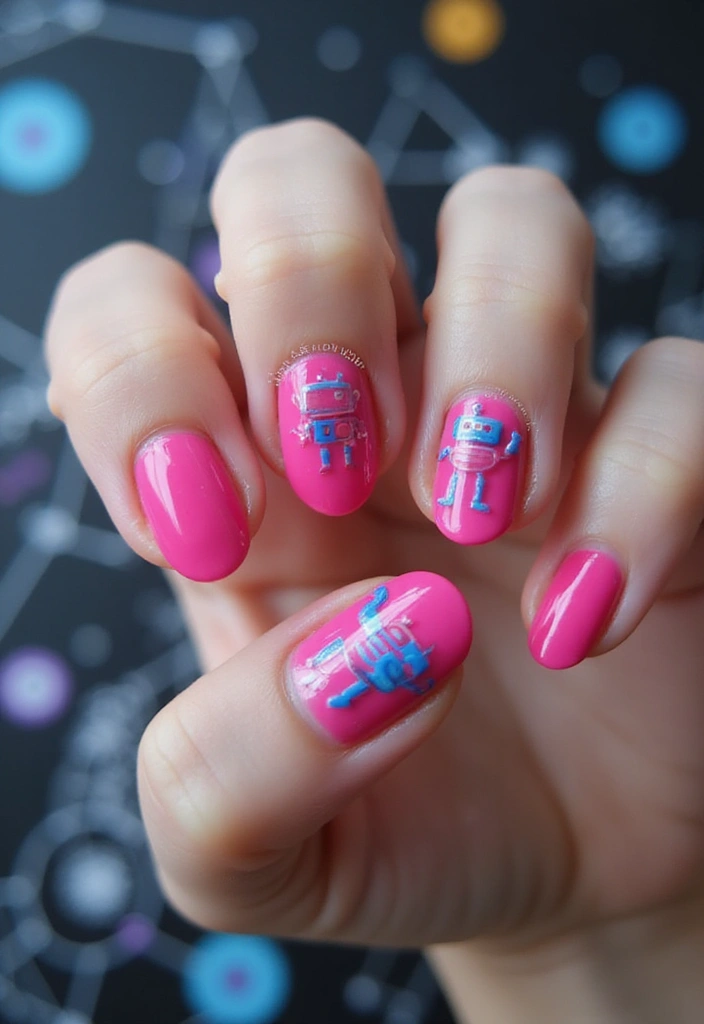 45 Playful Pink Nail Ideas for Feminine Fun-Fueled Energy - 40. Cute Robots