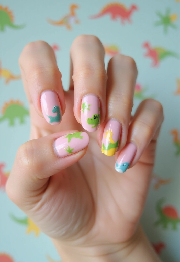 45 Playful Pink Nail Ideas for Feminine Fun-Fueled Energy - 41. Playful Dinosaurs