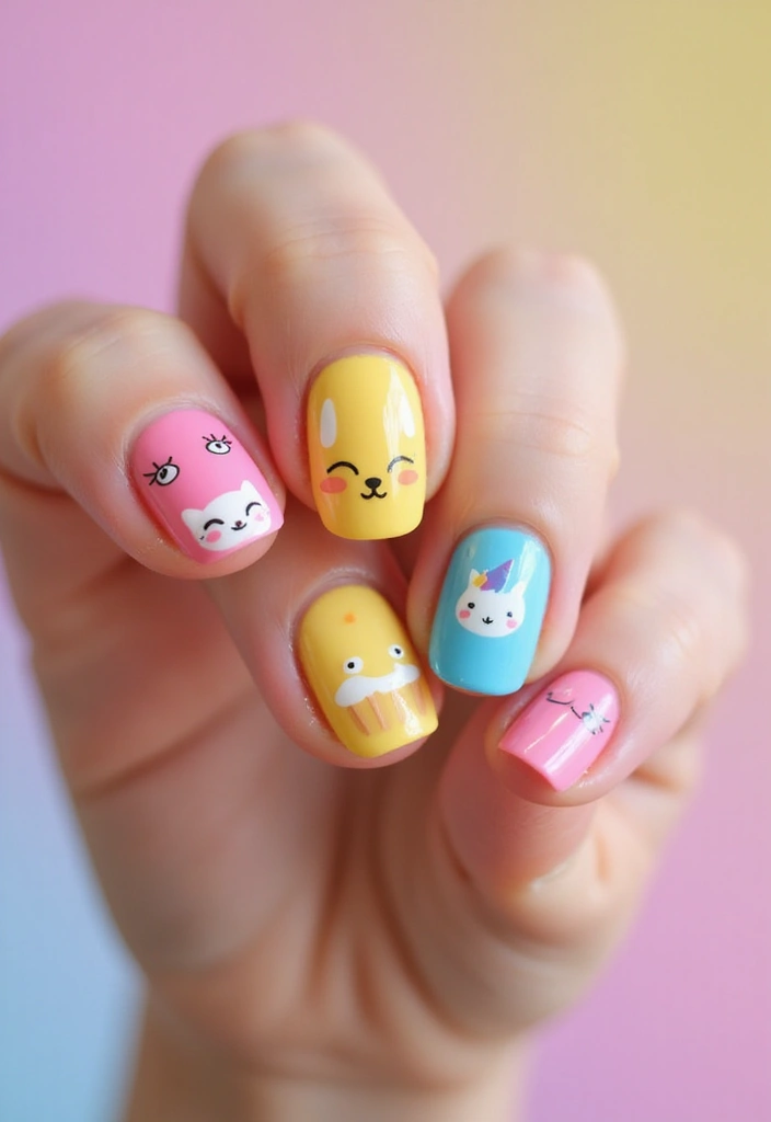 45 Pretty Short Nail Ideas for Practical Minimalist Nail Art - 18. Cute Cartoon Characters
