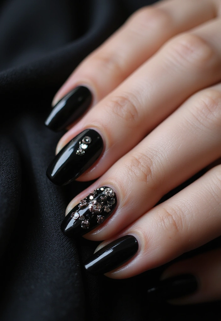 45 Sleek Black Nail Design Ideas for Edgy - 10. Black Nail Art with Jewel Accents
