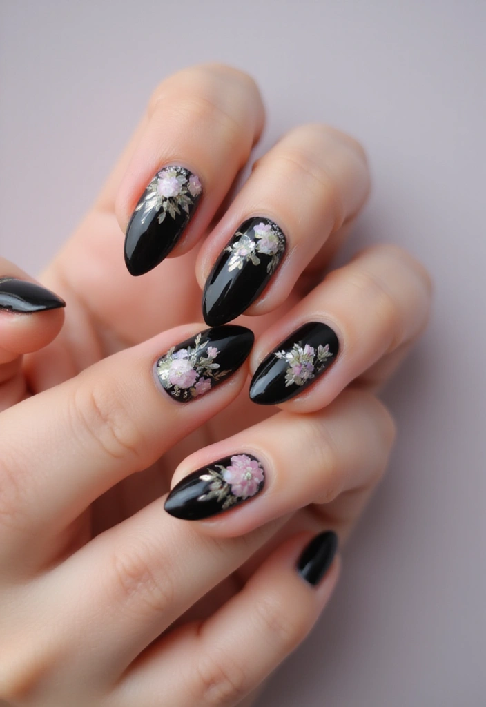 45 Sleek Black Nail Design Ideas for Edgy - 13. Black Floral Designs