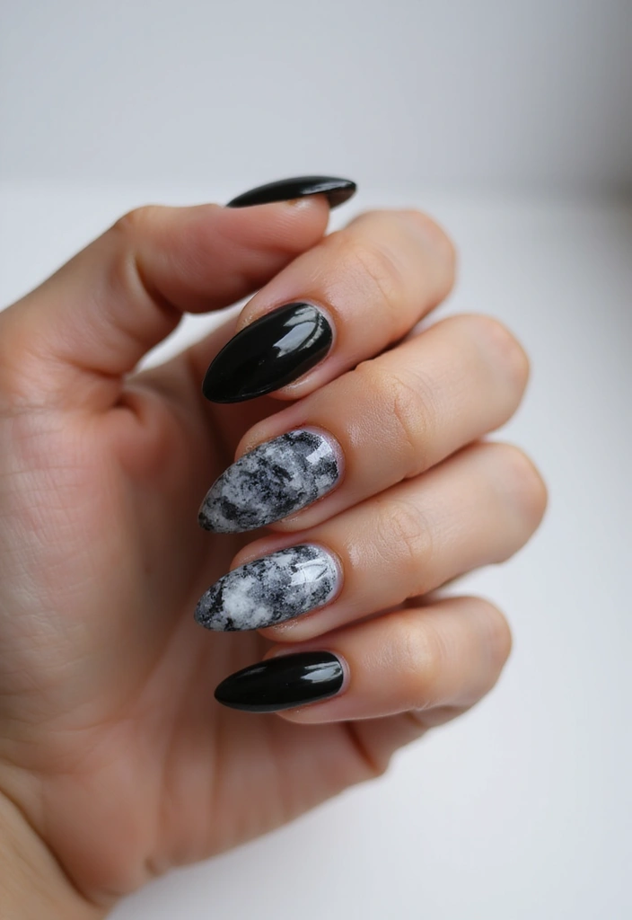 45 Sleek Black Nail Design Ideas for Edgy - 14. Marble Effect on Black