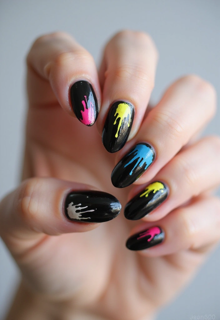 45 Sleek Black Nail Design Ideas for Edgy - 15. Artistic Drips