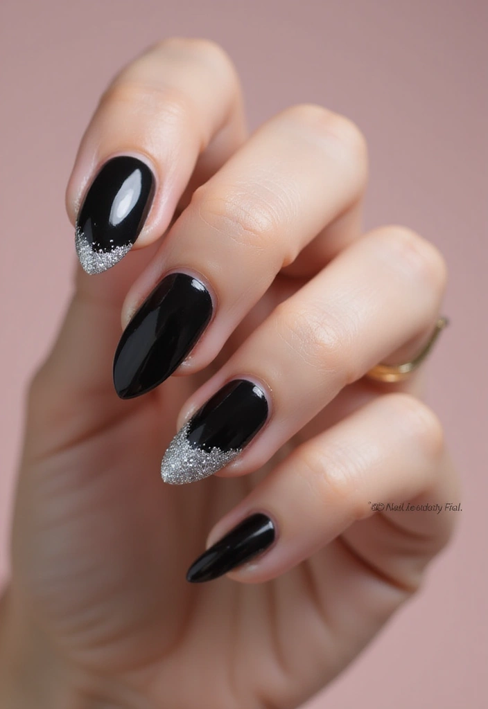 45 Sleek Black Nail Design Ideas for Edgy - 21. Black and Silver Glitter Fade