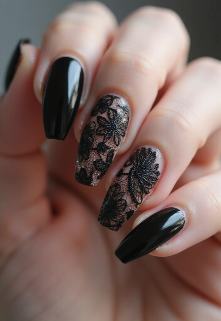 45 Sleek Black Nail Design Ideas for Edgy - 23. Black Lace Nail Art