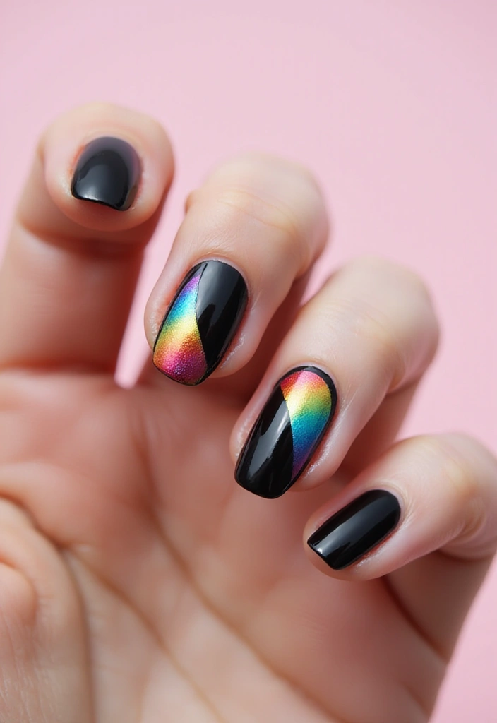 45 Sleek Black Nail Design Ideas for Edgy - 24. Black with Rainbow Accents