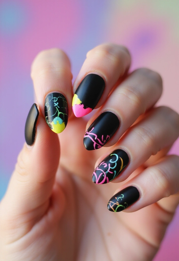 45 Sleek Black Nail Design Ideas for Edgy - 26. Black with Neon Accents