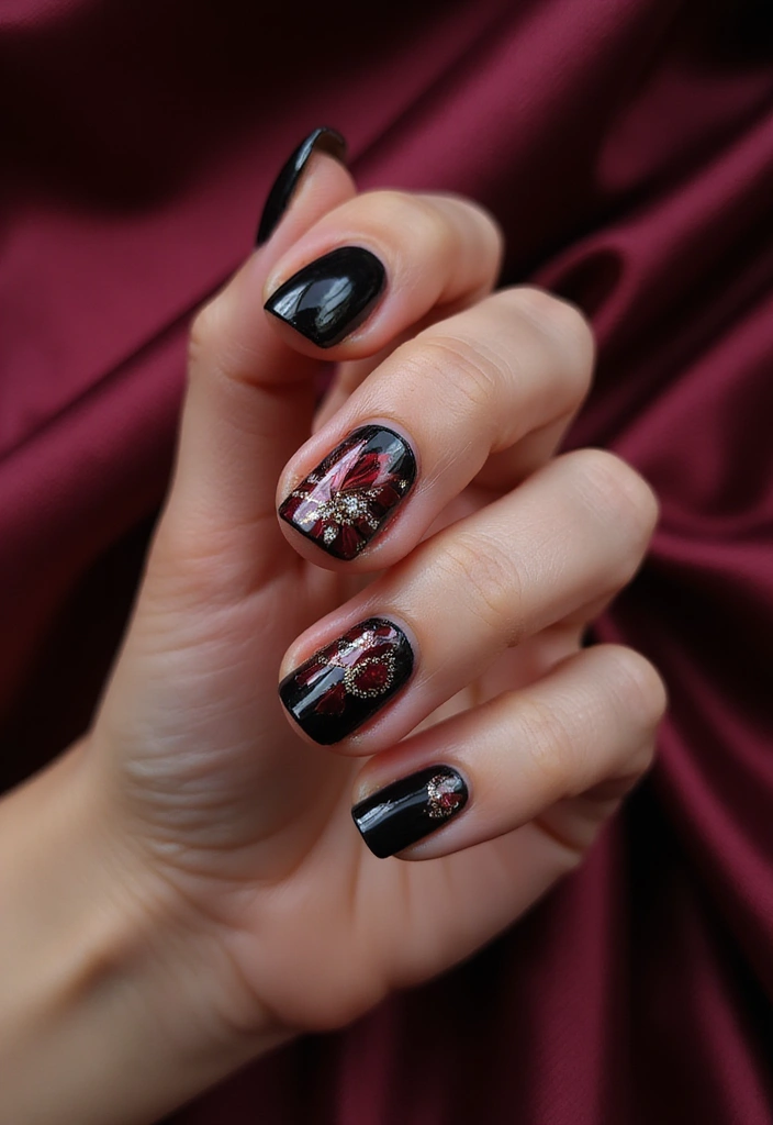 45 Sleek Black Nail Design Ideas for Edgy - 30. Black and Burgundy Combination