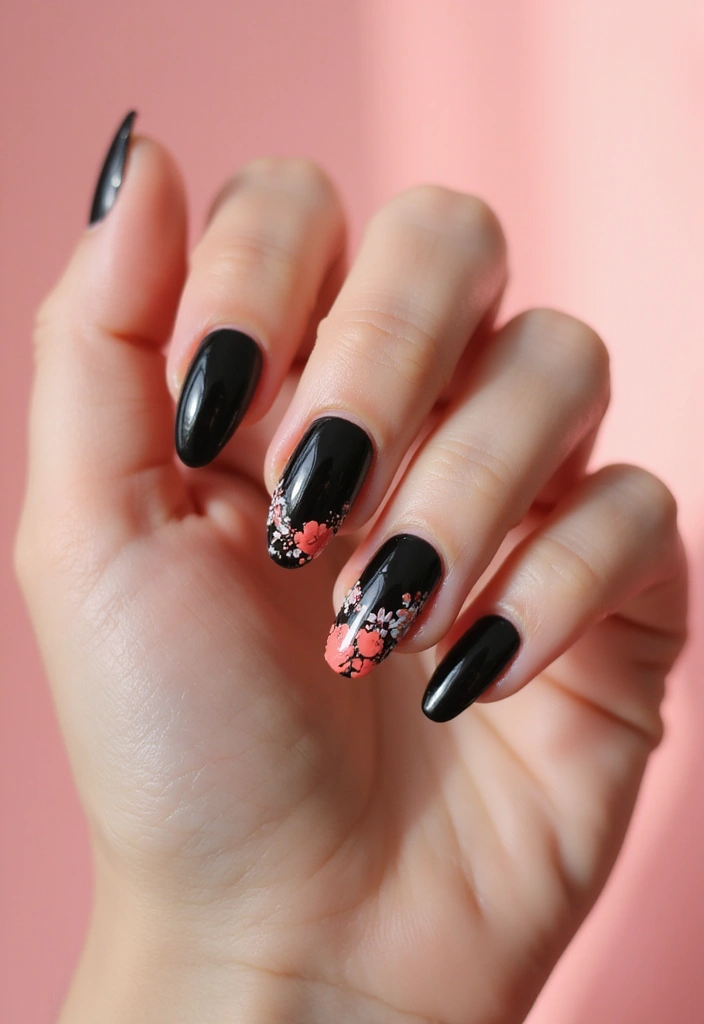 45 Sleek Black Nail Design Ideas for Edgy - 31. Black with Coral Accents