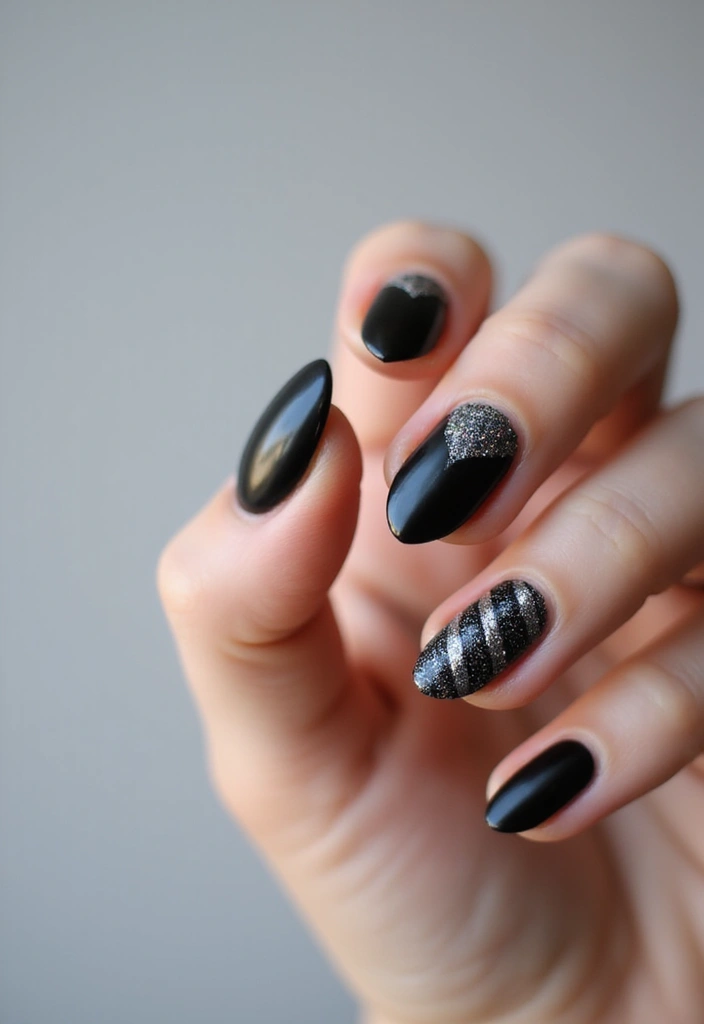 45 Sleek Black Nail Design Ideas for Edgy - 32. Black with Glitter Stripes
