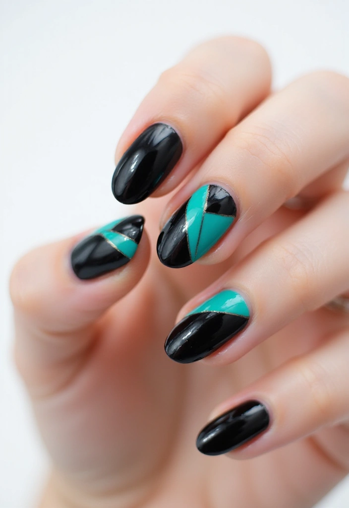 45 Sleek Black Nail Design Ideas for Edgy - 34. Black and Teal Combination
