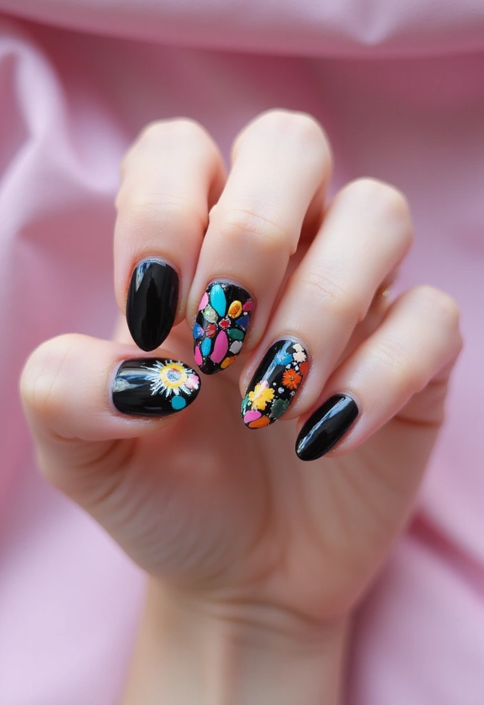45 Sleek Black Nail Design Ideas for Edgy - 36. Black with Pops of Color