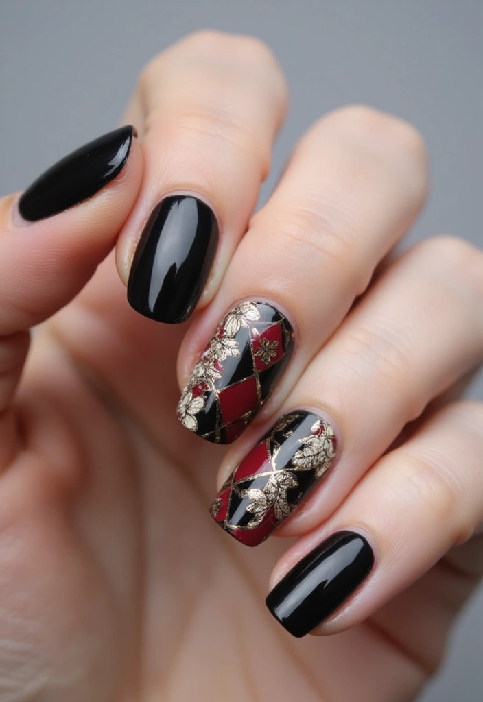 45 Sleek Black Nail Design Ideas for Edgy - 37. Black with Vintage Patterns
