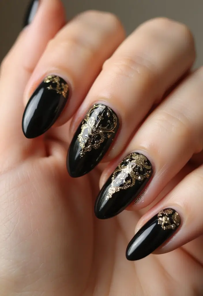 45 Sleek Black Nail Design Ideas for Edgy - 4. Black and Gold Elegance