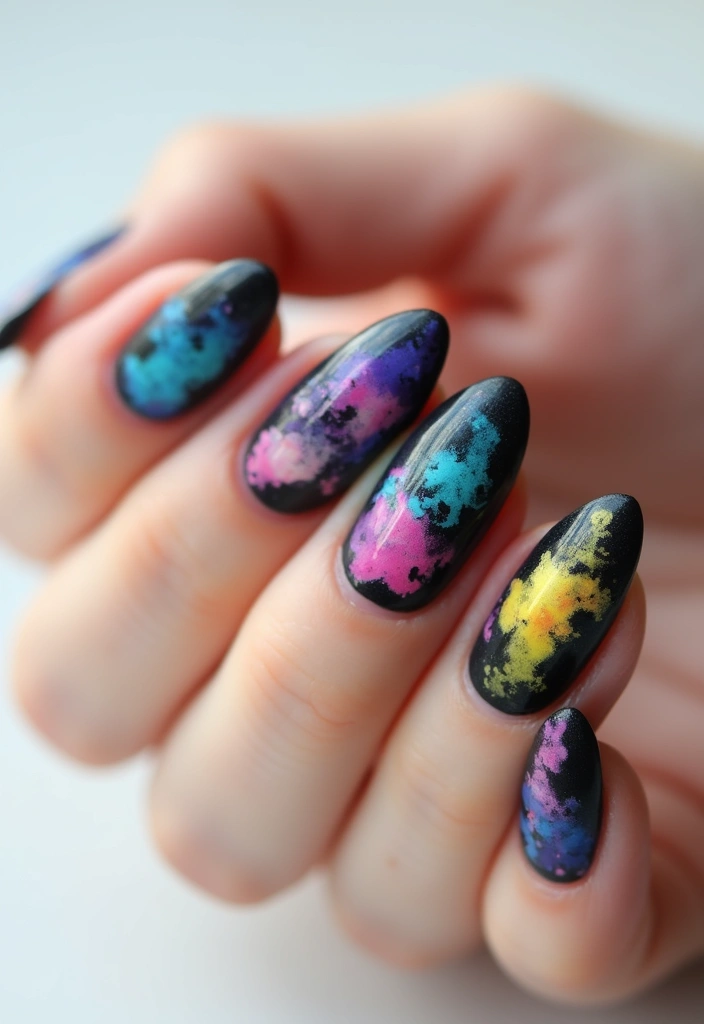 45 Sleek Black Nail Design Ideas for Edgy - 40. Black with Colorful Watercolor Swirls