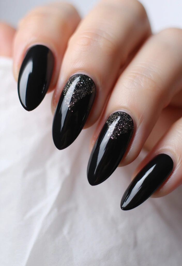 45 Sleek Black Nail Design Ideas for Edgy - 9. Black Glitter Accents