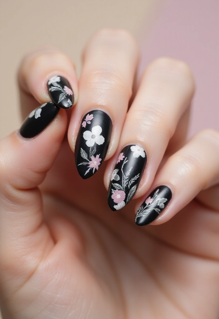 45 Sleek Black Nail Ideas for Timeless Beauty - 10. Black Floral Patterns