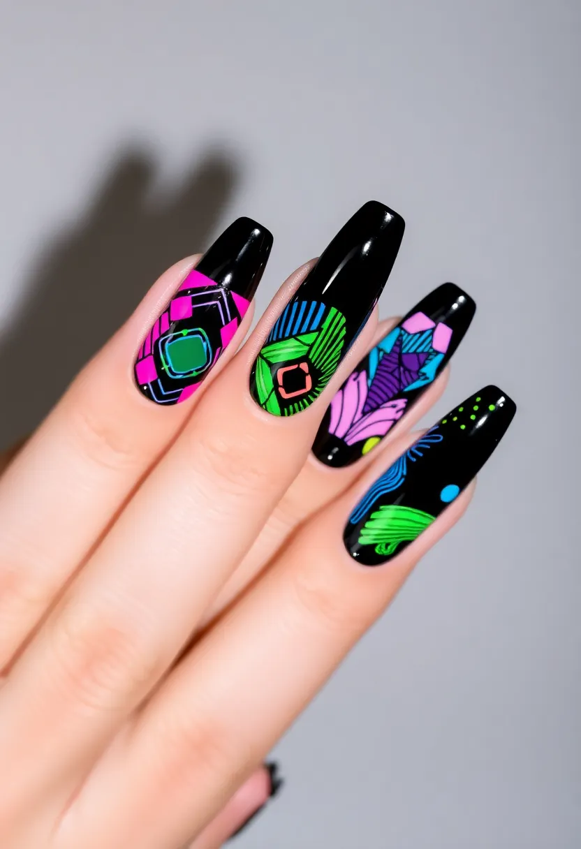 45 Sleek Black Nail Ideas for Timeless Beauty - 15. Black and Neon Designs